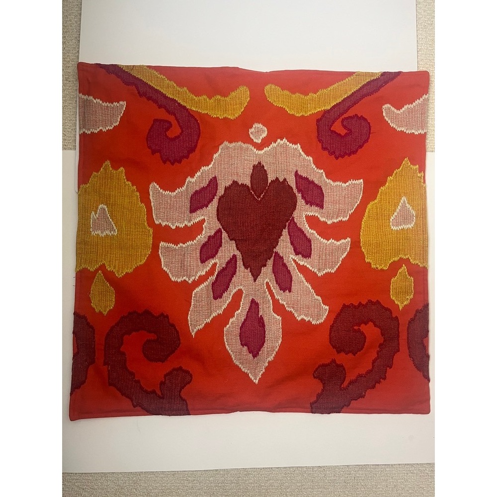 2/$30 Pottery Barn Orange Red Ikat Embroidered Cotton Linen Pillow Cover 24x24